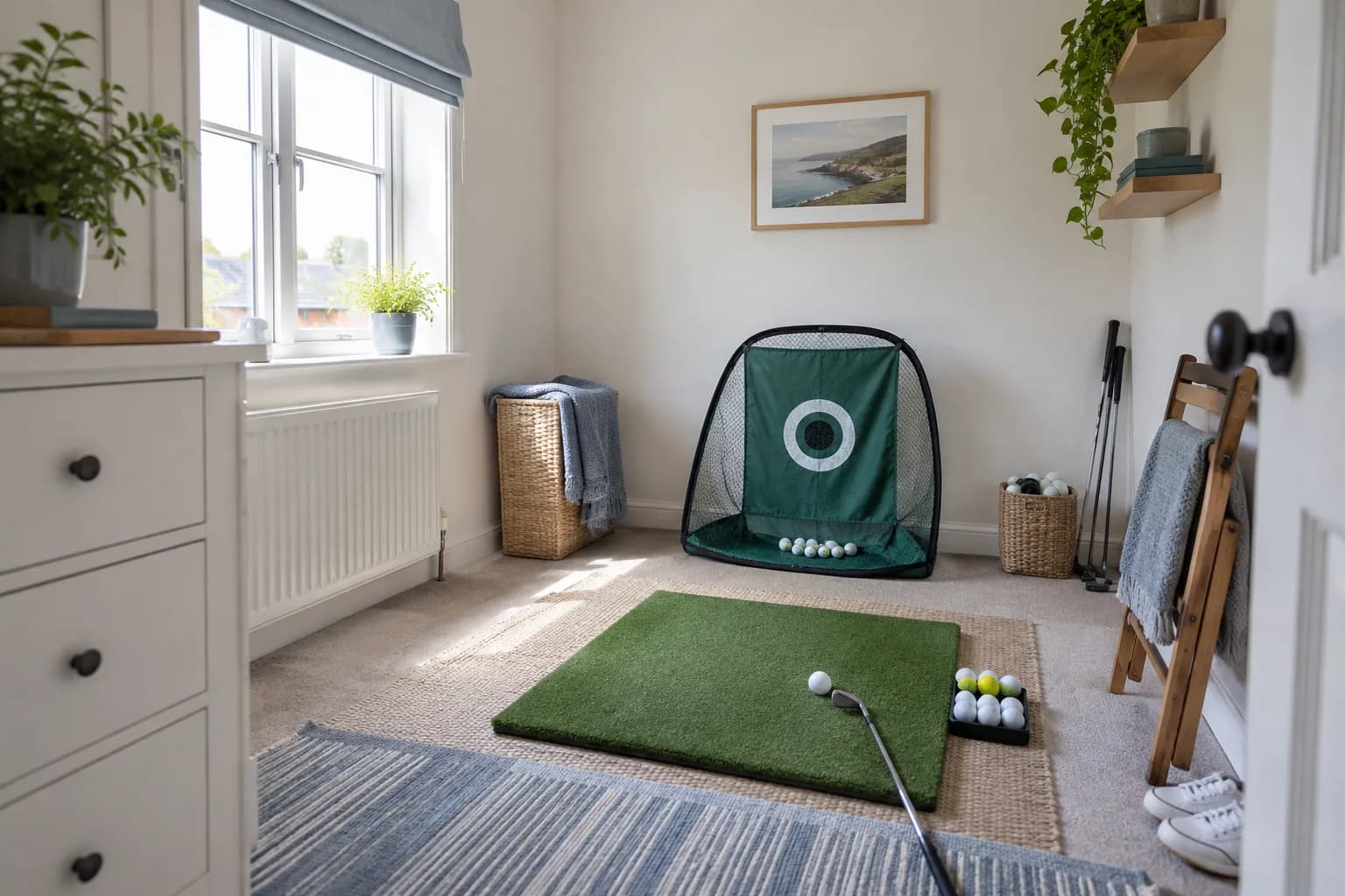 A compact putting practice setup in a home room