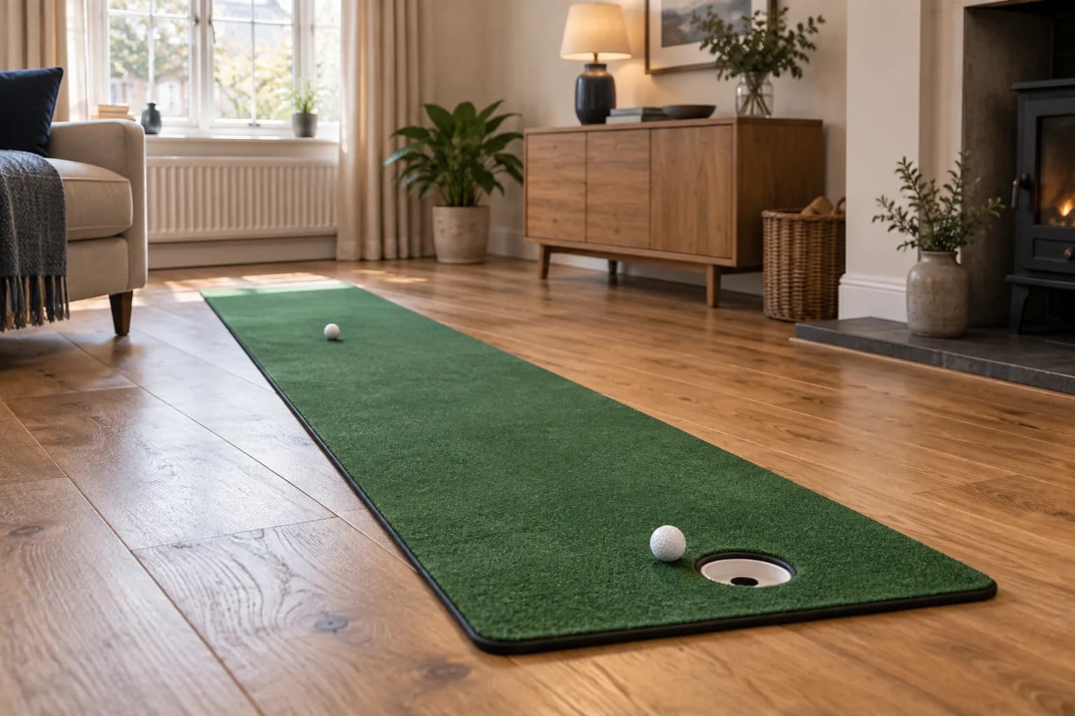 A putting mat laid out in a compact home room